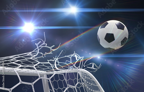 Illustration: shot on goal, soccer ball tears the net shot on goal, soccer ball tears the net