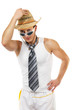 Young man wearing a hat with tie in sunglasses