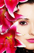 beautiful woman with pink lilies