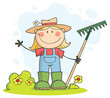 Caucasian Farmer Girl Waving And Holding A Rake
