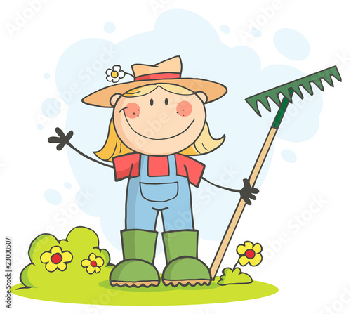 cartoon girl farmer. Caucasian Farmer Girl Waving