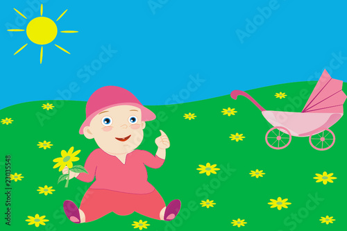 Vector: The kid collects flowers in the warm spring afternoon The kid collects flowers in the warm spring afternoon