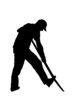 black silhouette gardener or farmer digging with shovel