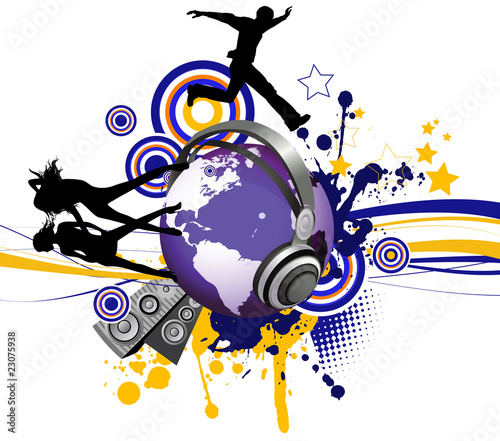 Illustration: Globe with dancing youth men and women. Globe with dancing youth men and women.