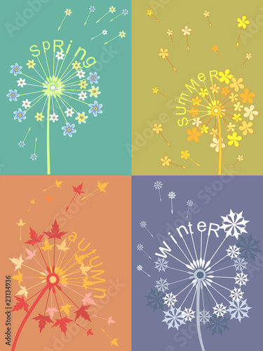 Vector: Set of 4 seasons metaphors with dandelion patterns. Set of 4 seasons metaphors with dandelion patterns.