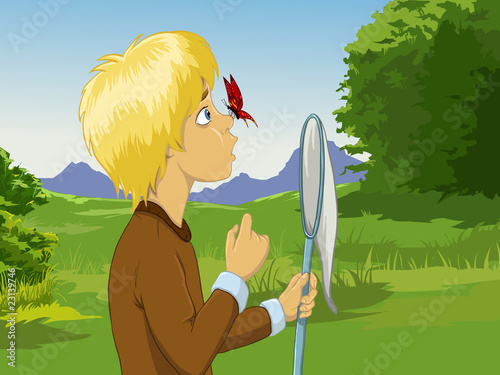 Vector: Boy with net with the butterfly on his nose Boy with net with the butterfly on his nose