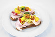Toaste, canape, bruschette, with tomato, vegetable and ham