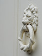 Metal painted lion doorknocker on painted wooden front door Metal painted lion doorknocker on painted wooden front door