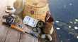 Photo: Close-up of fishing equipment and hat Close-up of fishing equipment and hat