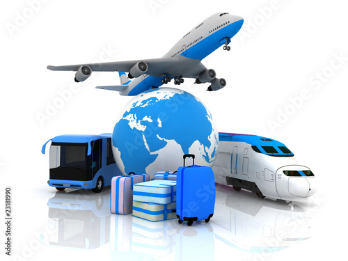 Illustration: traffic resources with a globe and suitcases traffic resources with a globe and suitcases