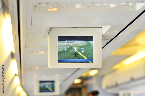 Photo: Airplane interior flight info screen Airplane interior flight info screen