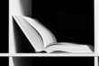 Open book on a shelf over dark. WB image