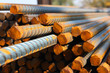 Closeup of concrete reinforcement steel rods in warehouse