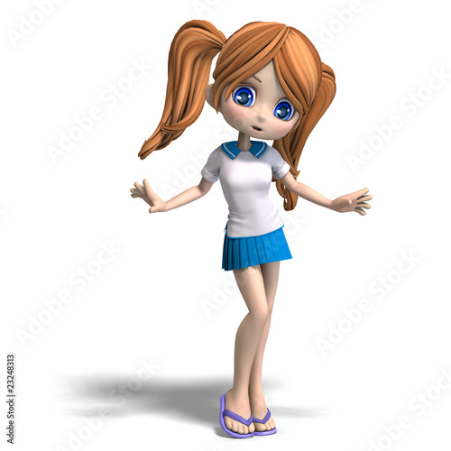 Cute Small Girls Images on Photo  Cute Little Cartoon School Girl With Pigtails  3d Rendering