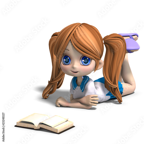 Cute Cartoon on Photo  Cute Little Cartoon School Girl Reads A Book  3d Rendering With