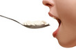 woman drinks a lot of medical tablets from a spoon. woman drinks a lot of medical tablets from a spoon.