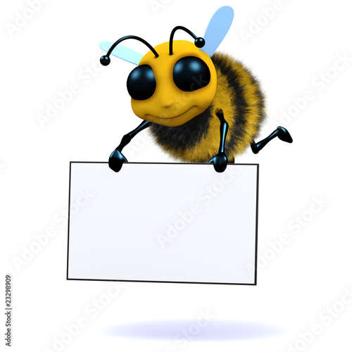 blank sign image. 3d Bee holds lank sign