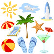 Summer and travel symbols vector set in cartoon style.