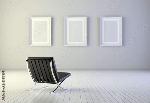 Illustration: Interior with three blank frames and armchair Interior with three blank frames and armchair