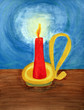 Red candle lighting up the dark blue night.