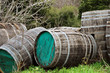 Weathered vintage wooden barrels in a forest. Weathered vintage wooden barrels in a forest.