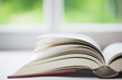 Aufgeschlagenes Buch vor Fenster, Querformat