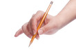 Pencil in woman hand isolated on white background