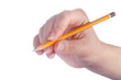 Pencil in woman hand isolated on white background
