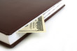 100 dollar bill in  brown notebook
