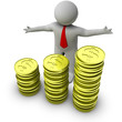 3d man with stack of dollar coins 3d man with stack of dollar coins