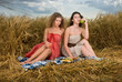 Two beautiful slavonic girls on picnic in wheat field