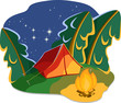 Tourist old-style tent in night forest and campfire. Vector illu Tourist old-style tent in night forest and campfire. Vector illu