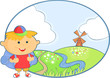 Smiling boyscout with countryside landscape. Vector illustration Smiling boyscout with countryside landscape. Vector illustration