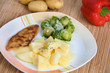 Hähnchenschnitzel wiener Art mit Salzkartoffeln und Rosenkohl