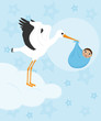 Stork carrying a baby boy of african descent