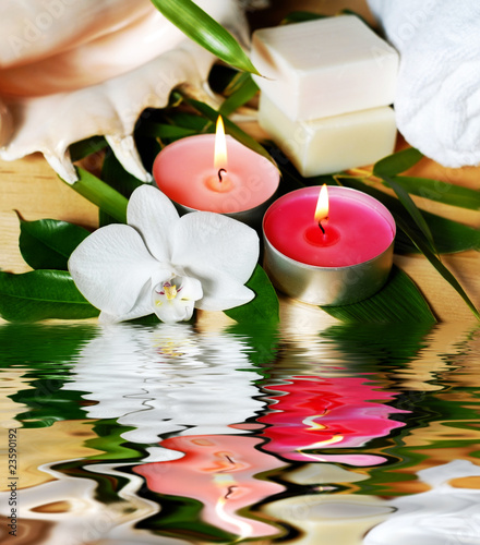 spa decoration with orchid, candles and sea shell from Vera ...