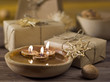 Christmas gifts still life with natural brown background Christmas gifts still life with natural brown background