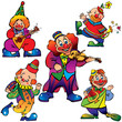 Funny clowns with musical instrument. Vector art-illustration.