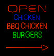 Fast food neon sign with arrow
