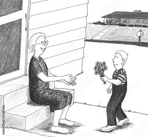 Illustration: Boy giving grandmother flowers. Boy giving grandmother flowers.