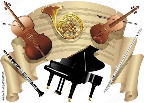 Illustration: Spartito Musica e Strumenti-Music Sheet and Musical Instruments Spartito Musica e Strumenti-Music Sheet and Musical Instruments