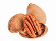 Few pecan nuts isolated on white, one cracked Few pecan nuts isolated on white, one cracked
