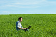 young man using laptop in the field young man using laptop in the field