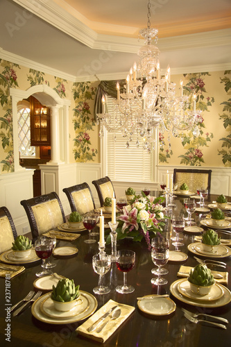 Photo: Traditional Dining Room with Floral Wallpaper Traditional Dining Room with Floral Wallpaper