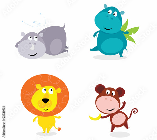 Vector: Cute safari animals set - hippo, rhino, lion and monkey Cute safari animals set - hippo, rhino, lion and monkey