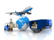 airliner with a globe and autoloader with boxes airliner with a globe and autoloader with boxes