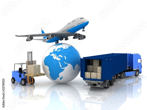 Illustration: airliner with a globe and autoloader with boxes airliner with a globe and autoloader with boxes