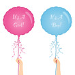 Hand holding "It's a boy" & "It's a girl" balloons