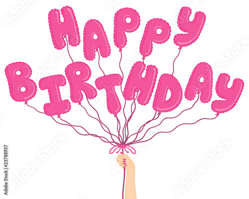 Zoom Not Available: Vector images scale to any size. Hand holding pink balloons spelling out "Happy Birthday"