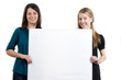 Two girls with whiteboard and white backgrounds